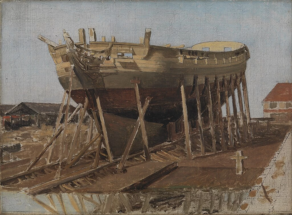 Una corvetta sul molo, Nyholm con l'edificio con tetto a traliccio sullo sfondo - 1828, Statens Museum for Kunst, Copenaghen
